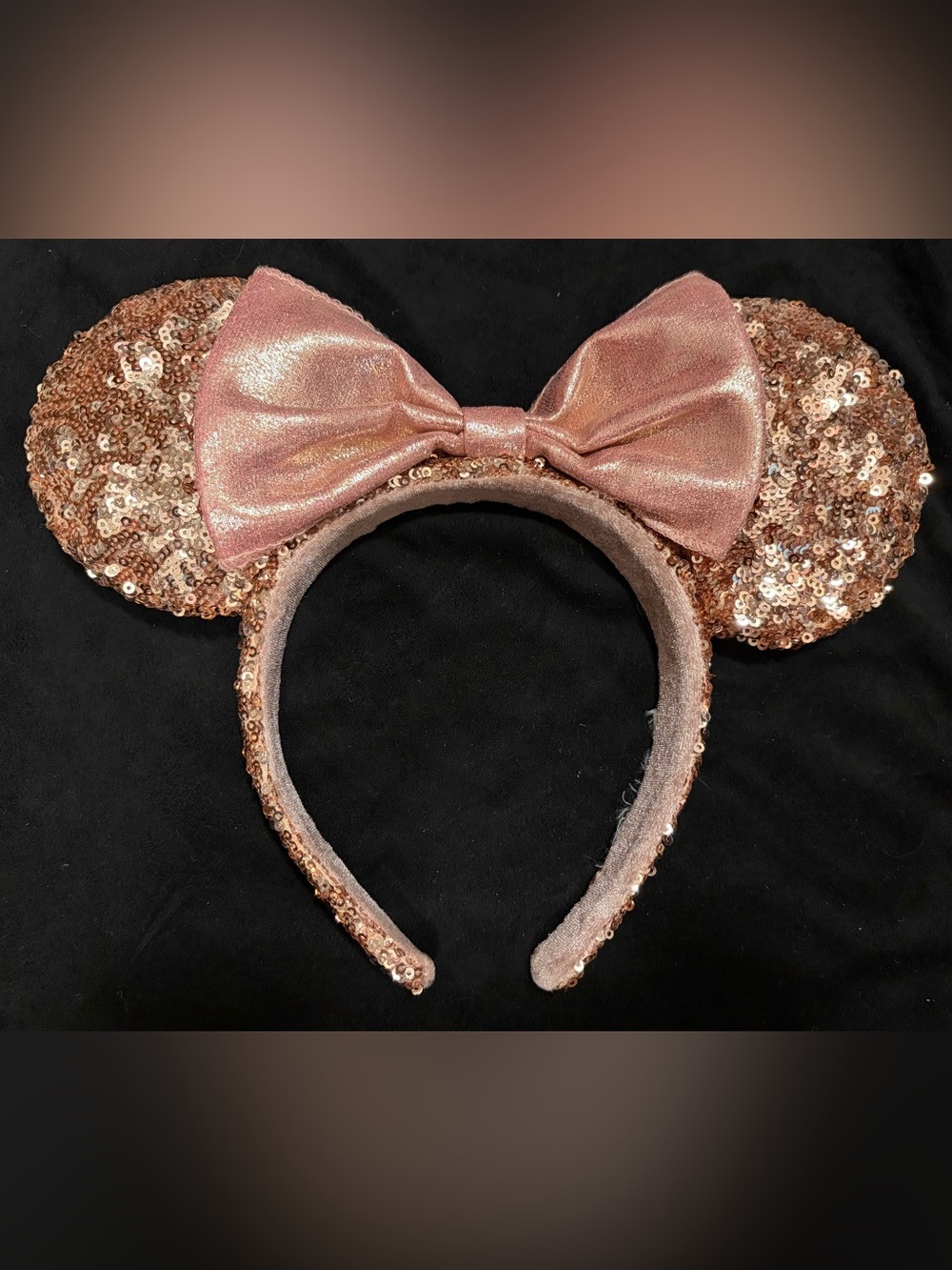 Rose Gold Sequin Minnie Mouse Headband with shimmer bow